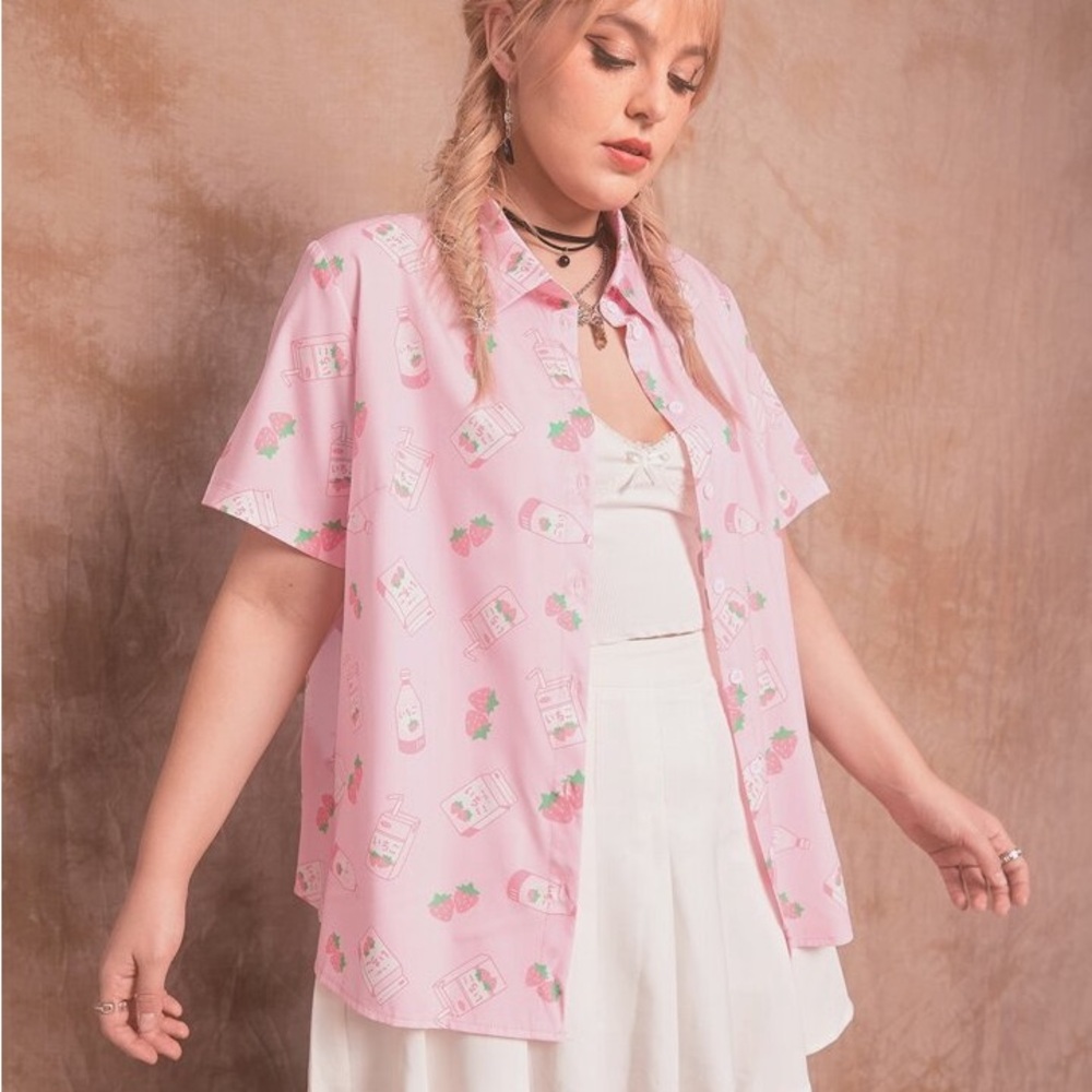 ROMWE Kawaii Strawberry Milk Graphic Button Down Shirt
